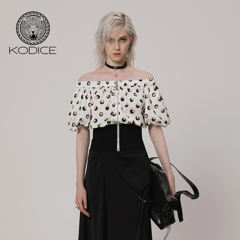 kodice白色印花一字肩收腰上衣