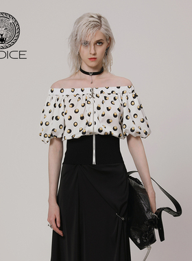 kodice春夏新款白色印花一字肩上衣收腰泡泡袖拉链短袖时尚女装