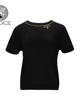 kodice春夏新款女装黑色莱赛尔混纺针织衫钻链钉珠蝴蝶结短袖上衣