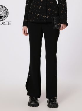 kodice春秋新款黑色修身微喇裤子长裤开叉女装裤时尚通勤百搭流行