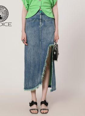 kodice春夏新款蓝色棉质牛仔裙半身裙半裙子毛边不规则开叉女装