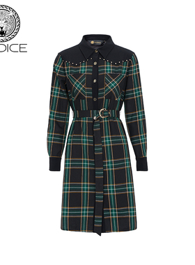 kodice春秋新款绿色格纹翻领衬衫中长衬衣上衣腰带女装时尚百搭