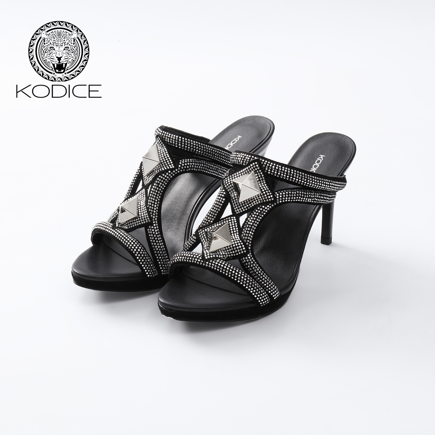 kodice撞钉镶钻露脚趾高跟凉鞋