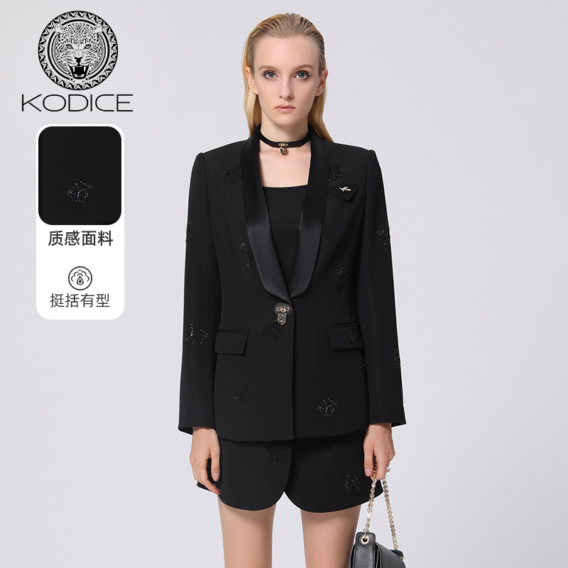 kodice女装黑色拼接翻领烫钻皮牌锁收腰西装西服外套通勤