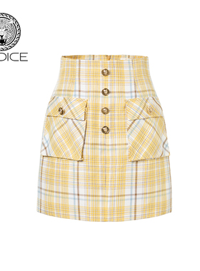 kodice春夏新款黄色格纹半身裙半裙子短裙高腰A字裙时尚百搭女