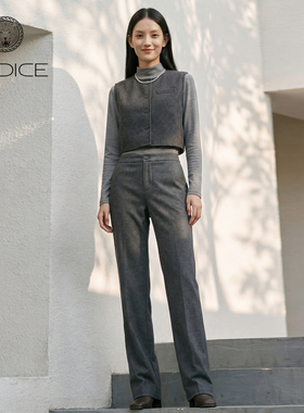 kodice2026春新款灰色短款长袖衬衫上衣直筒裤子极简质感三件套