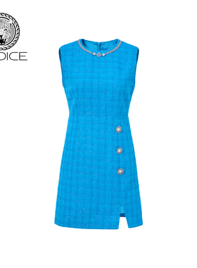 秋冬新款kodice蓝色小香风格子链条圆领修身连衣裙子无袖短裙女装