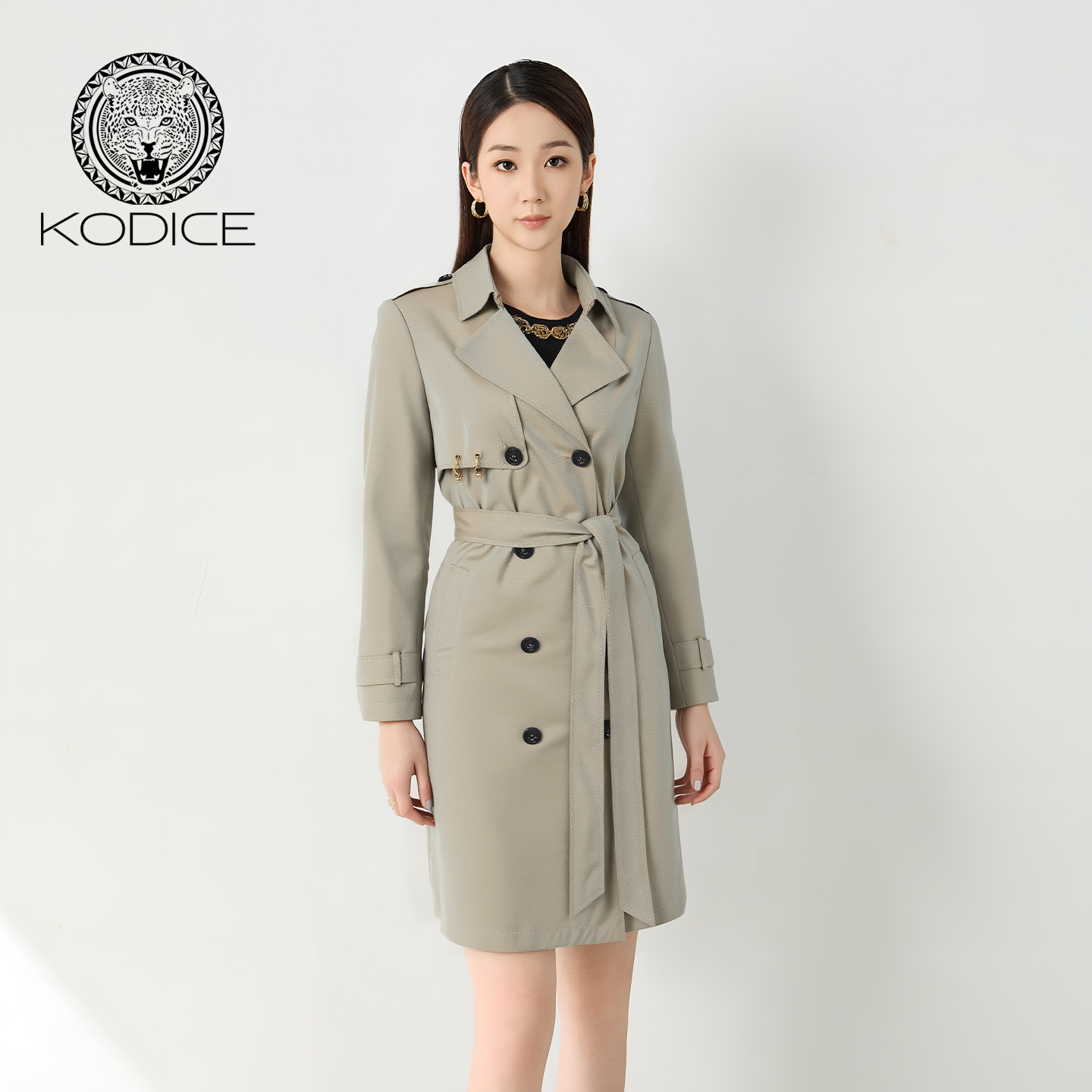 kodice卡其棉质翻领双排扣风衣