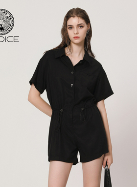 kodice春夏新款黑色莱赛尔连体裤翻领短袖抽绳收腰短裤时尚女装