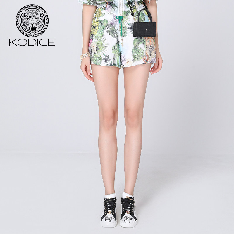 kodice春夏新款花卉印花雪纺短裤抽绳系带收腰A字轻薄休闲裤子