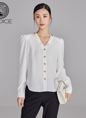 KODICE白色雪纺衫小衫女士衬衫春秋V领开叉袖口金属拉链长袖上衣