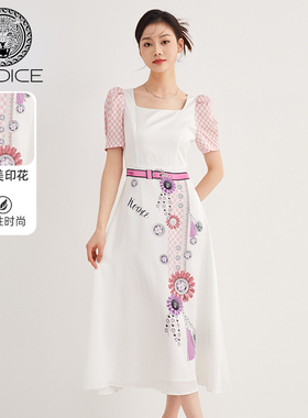 KODICE拼接印花长裙女装夏季新款白色简约少气质连衣裙子度假时尚