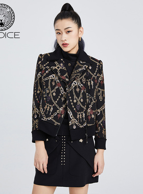 KODICE秋冬新款金色链条亮葱提花翻领长袖短款黑色羊毛外套