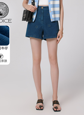 KODICE女装蓝色棉质压花牛仔短裤拉链金属扣小A版时尚百搭