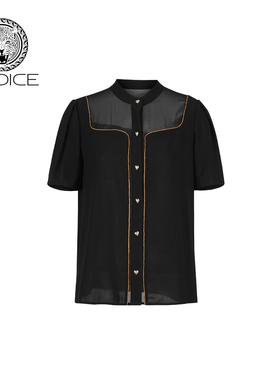 kodice夏季新款女装黑色钻链拼接衬衫圆领单排扣短袖衬衣上衣时尚