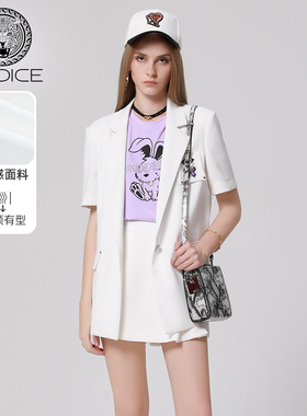 kodice女装白色平驳领一粒扣短袖西装外套H型胶牌时尚通勤