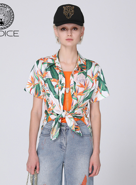 KODICE春夏新款印花白色衬衫翻领短袖单排扣系带收腰短外套披肩女