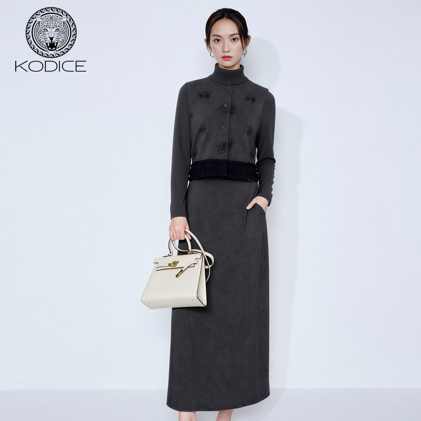 kodice2025冬新款灰色马甲高领打底衫上衣半身裙半裙子三件套装女,女装/女士精品,时尚套装,淘宝优惠券,粉丝福利购,淘宝优惠卷