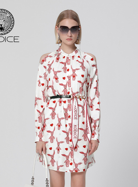 kodice春秋新款白色印花立领单排扣连衣裙子长袖时尚气质百搭女装