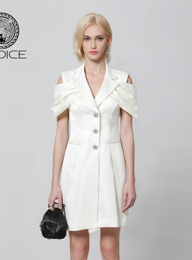 kodice春夏新款白色翻领连衣裙子一字肩收腰显瘦时尚短袖女装