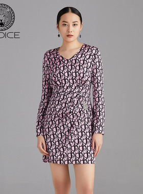 KODICE印花连衣裙春季新款女装紫色撞色长袖圆领拉链裙子时尚气质