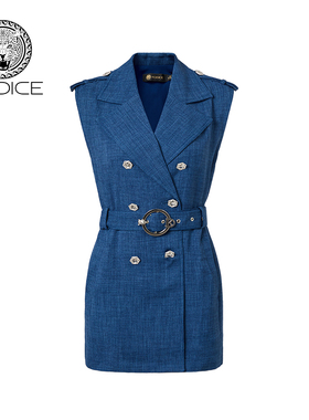 KODICE春夏新款蓝色翻领双排扣西装马甲无袖收腰时尚通勤百搭女装