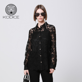 衬衣上衣内搭吊带衫 翻领长袖 kodice黑色镂空透视蕾丝衬衫 秋冬新款