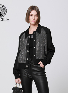 秋冬新款kodice黑色烫钻翻领单排扣短款夹克外套时尚潮酷流行女装