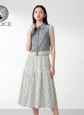 kodice2026春新款蓝色棉质翻领牛仔马甲波点吊带连衣裙子两件套装