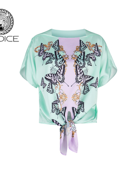 kodice夏季新款女装绿色印花上衣宽松短袖绑带度假风休闲时尚女装