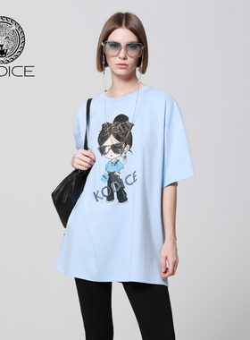 新款kodice秋季蓝色纯棉钉珠印花T恤圆领短袖中长上衣休闲百搭女