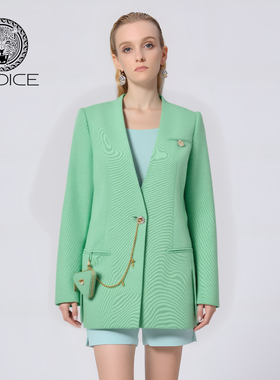 kodice春秋新款绿色V领一粒扣西装西服外套链条包配饰时尚女装