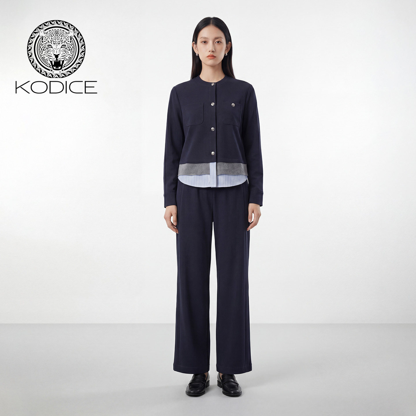 kodice2026春新款蓝色圆领单排扣上衣拼接长袖直筒休闲裤两件套装,女装/女士精品,时尚套装,淘宝优惠券,粉丝福利购,淘宝优惠卷