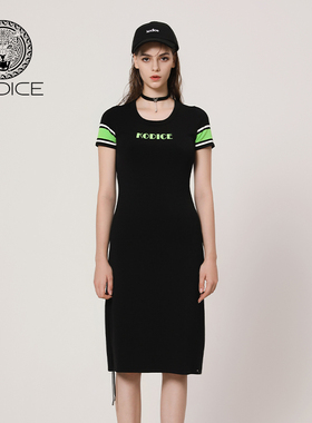 kodice春夏新款黑色针织连衣裙印花圆领修身撞色抽绳时尚百搭女装