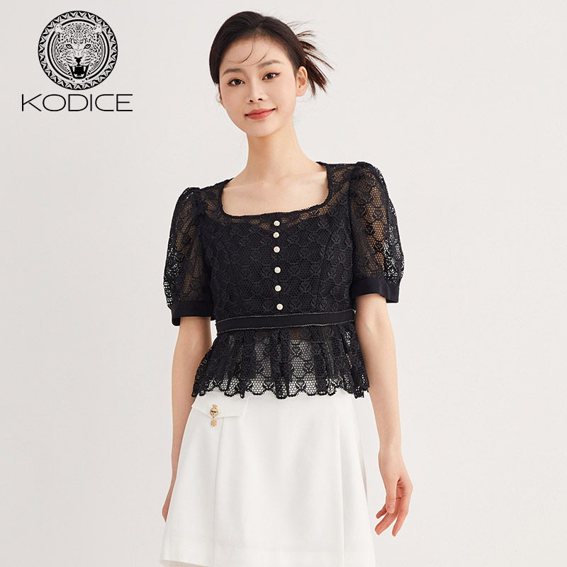 KODICE黑色蕾丝衬衣女士衬衫小衫夏款拉链短袖个性镂空微透上衣