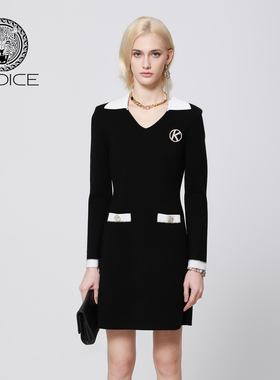 秋冬新款kodice黑白撞色翻领修身羊毛混纺针织连衣裙子长袖时尚女