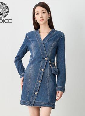 kodice秋冬新品蓝色V领牛仔裙子连衣裙修身长袖时尚气质链条包