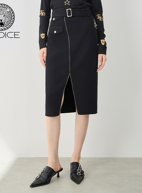 kodice秋冬新品女装黑色绵羊毛混纺双面呢半身裙开叉包臀裙子时尚