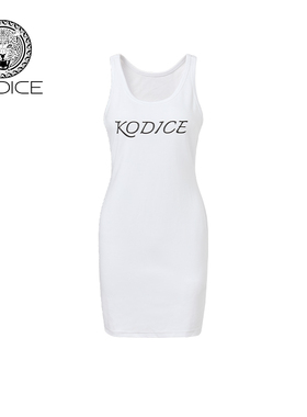 kodice春夏新款女装白色棉质印花连衣裙子背心裙修身无袖弹力时尚
