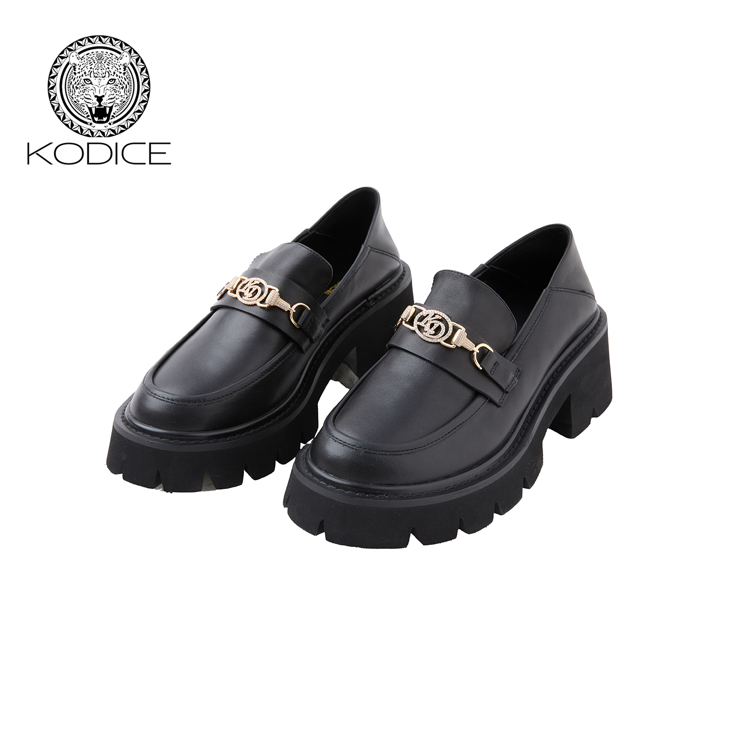 kodice黑色镶钻厚底牛皮乐福鞋