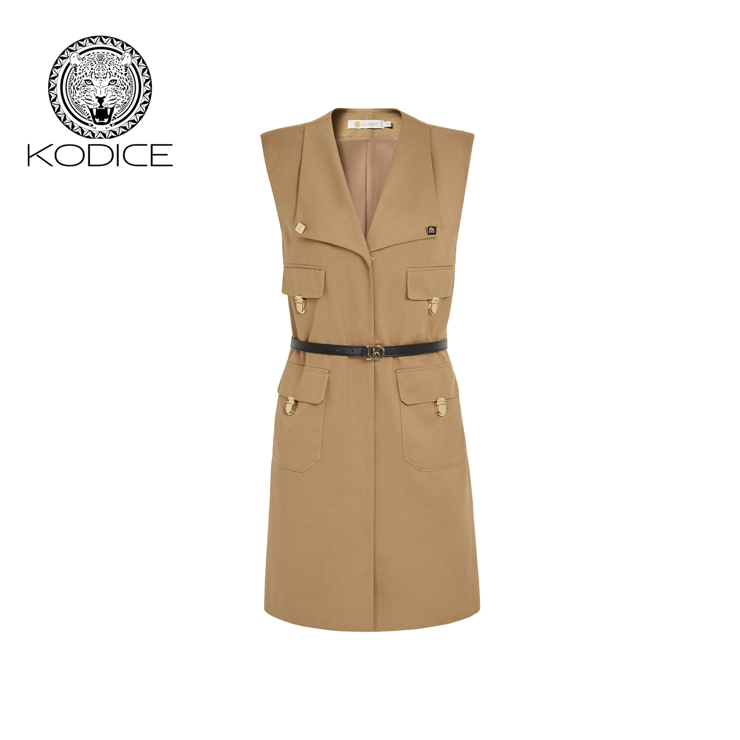 kodice卡其色翻领无袖工装马甲