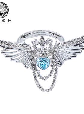 KODICE银色锆石镶钻戒指戒圈蓝色心形石翅膀饰品流行设计款小众