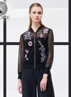 kodice春夏新款黑色钉珠绣花网纱外套拉链上衣女装时尚休闲百搭