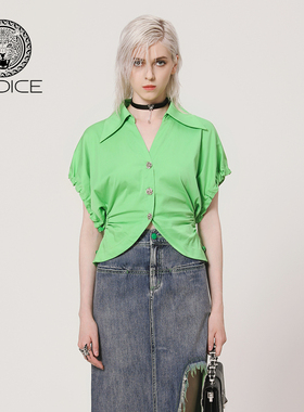 kodice春夏新款绿色棉质翻领衬衫短袖修身显瘦衬衣抽绳上衣女装