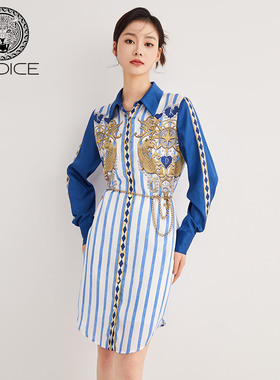 KODICE衬衫连衣裙秋新款含内搭两件套印花条纹连衣裙（腰带随机）
