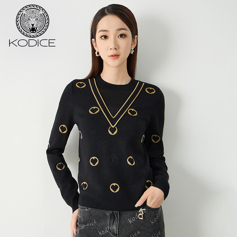 kodice黑色绵羊毛撞色提花针织衫
