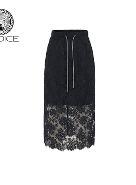 秋冬新款kodice黑色女棉质抽绳高腰烫钻蕾丝半身裙直筒时尚半裙子