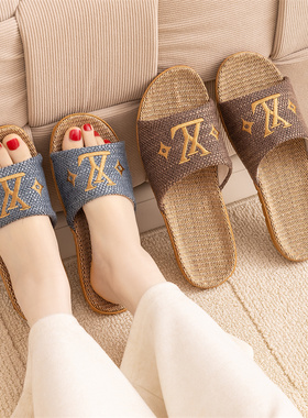 新款情侣时尚亚麻拖鞋透气居家静音男女夏季凉爽百搭欧式一字凉拖