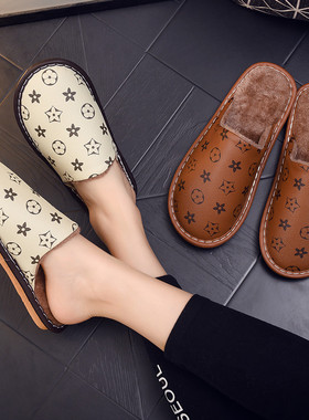 海宁皮拖鞋冬季保暖家居男女士地板室内防滑耐磨厚底皮面棉拖情侣