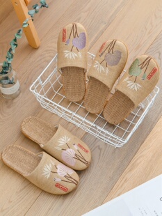 碧兰蒂新款夏季亚麻麻布凉拖鞋居家绣花小清新男女情侣地板拖包头